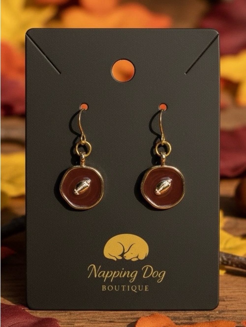 Football Button Dangle Earrings – Brown & Gold-Tone Game Day Earrings